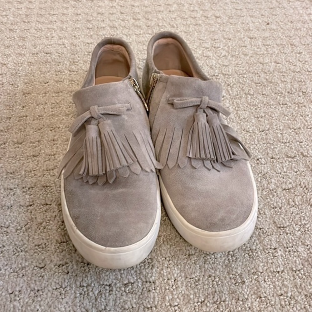 Kate Spade Taupe Suede Lena Tassel Fringe Zip Up Side Low Top Sneaker 8